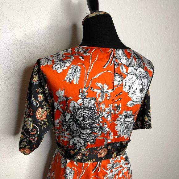 Zara red orange black white floral tie waist asymmetrical hem top size Medium - Picture 12 of 16